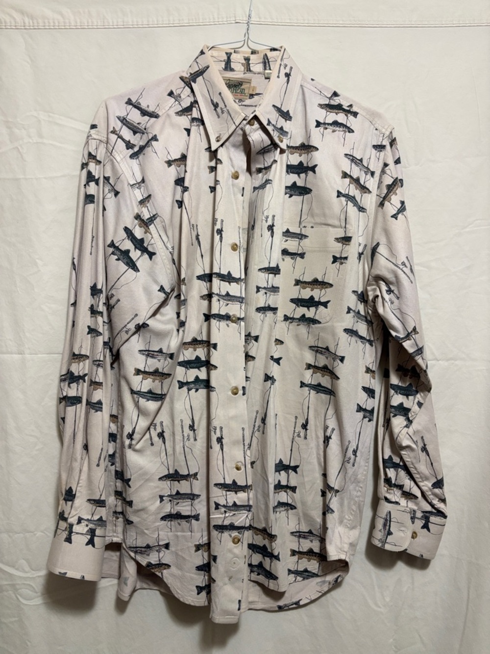 RedHead Men's Cream Button-Up Shirt with Blue and Brown Fish Print Large